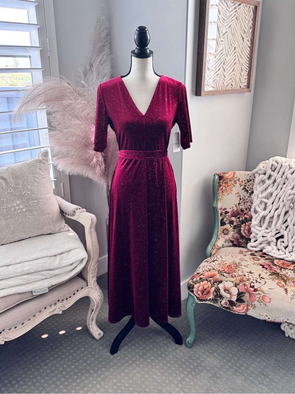 Chaus NWT Red Shimmer Velvet Midi Dress Small